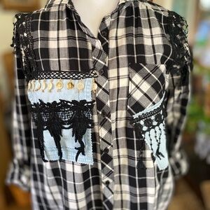 Chic Plaid Shirt with Lace and Denim Accents